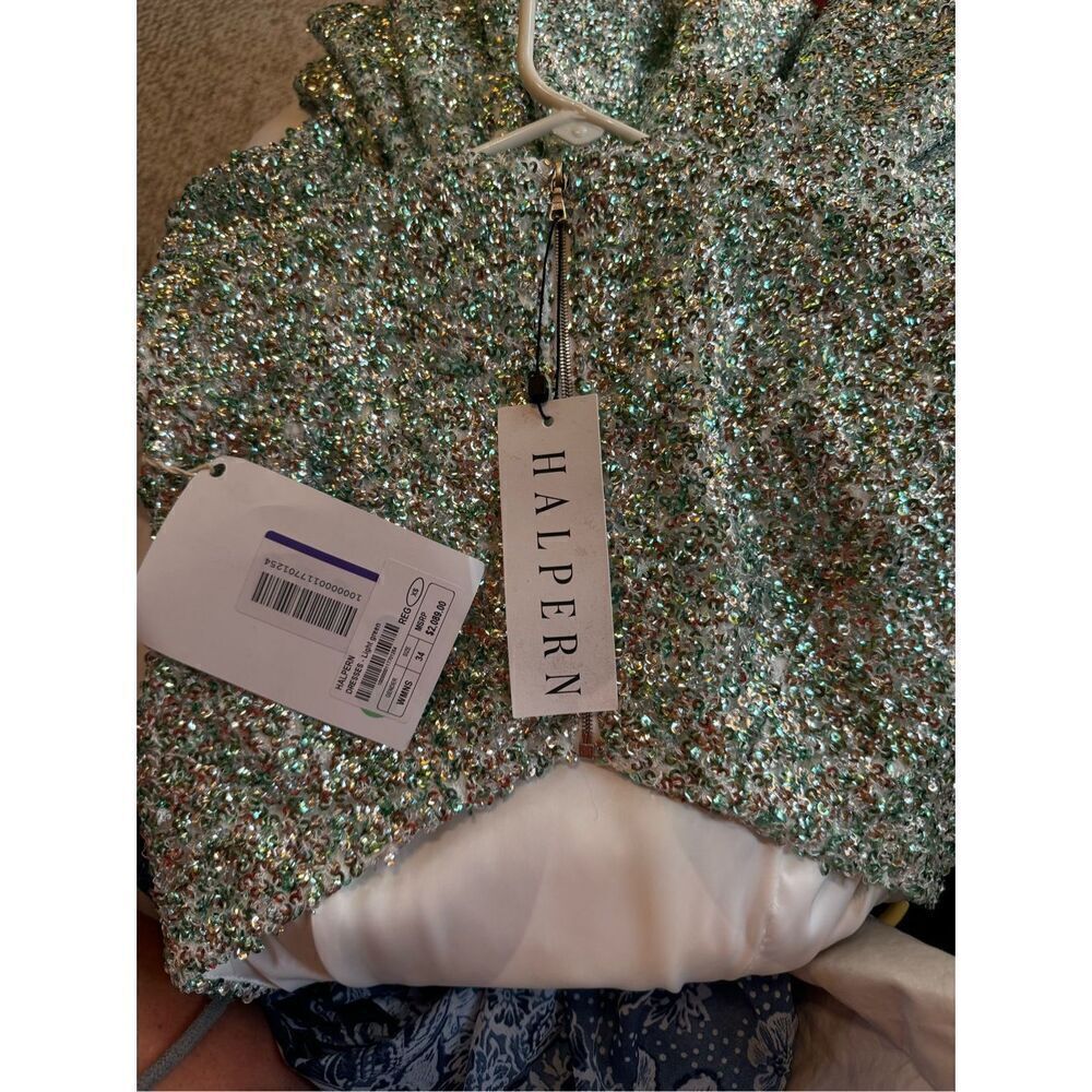 NWT Halpern cupped sequin high collared cut out dress aqua lace size 34/ US 2 - Picture 7 of 14